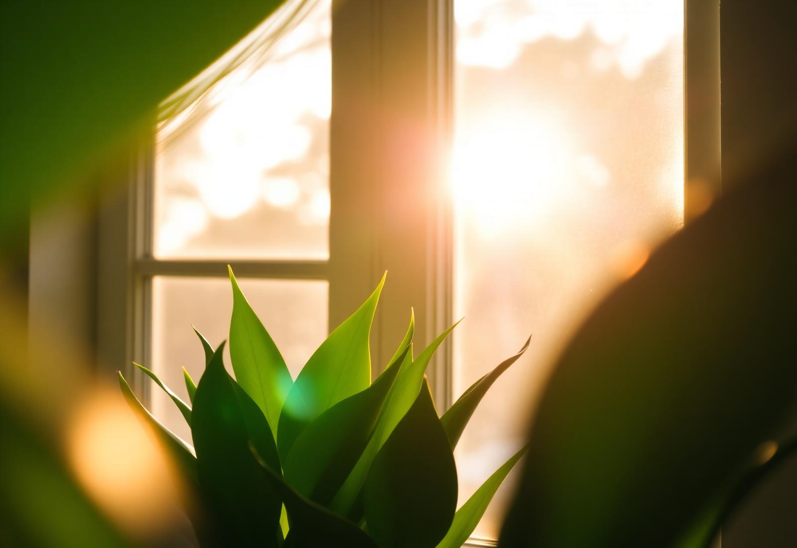 Sunlight through a window with green plants — a calm, safe space